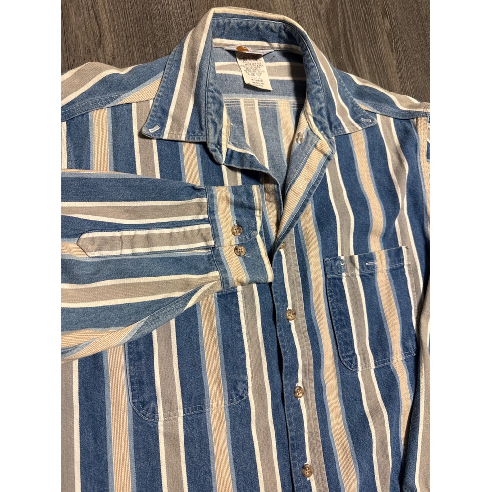 Vintage Carhartt Rugged Outdoor Wear Striped Denim Shirt XL Blue SD03WS